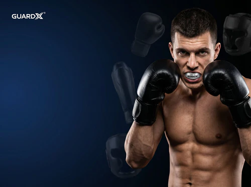 Atleta usando o GuardX ou close do protetor sobre fundo limpo
